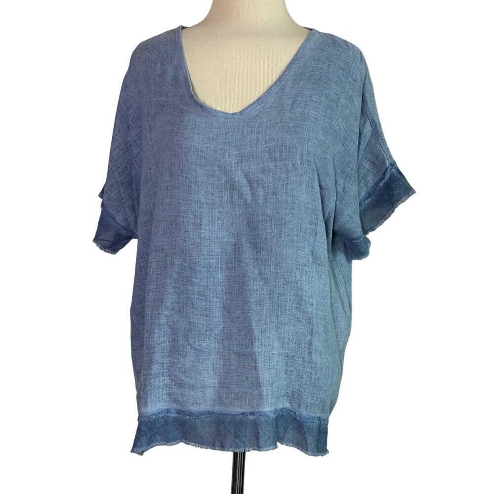 MARISIMA Made in Italy New One Size Blue Linen Blend Short Sleeve‎ Tunic Top